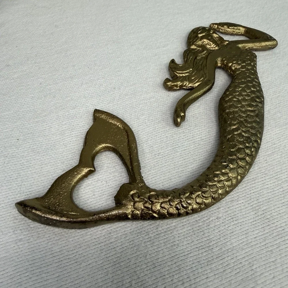 Cast Iron Mermaid Bottle Opener Antique Gold Barware Nautical Coastal 7 Inch